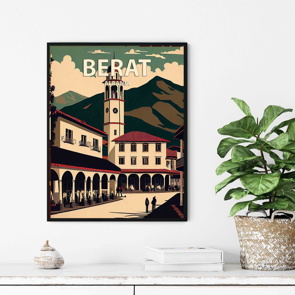 Berat Albania Retro Old Town Clock Tower Mountain Travel Poster Art - Image 2