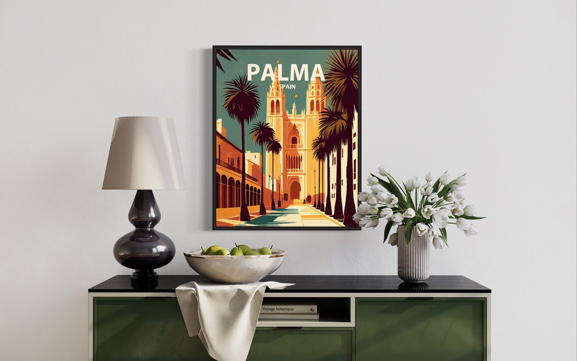 Palma Spain Cathedral Tall Palms Sunlit Avenue Mallorca Travel Poster - Image 2