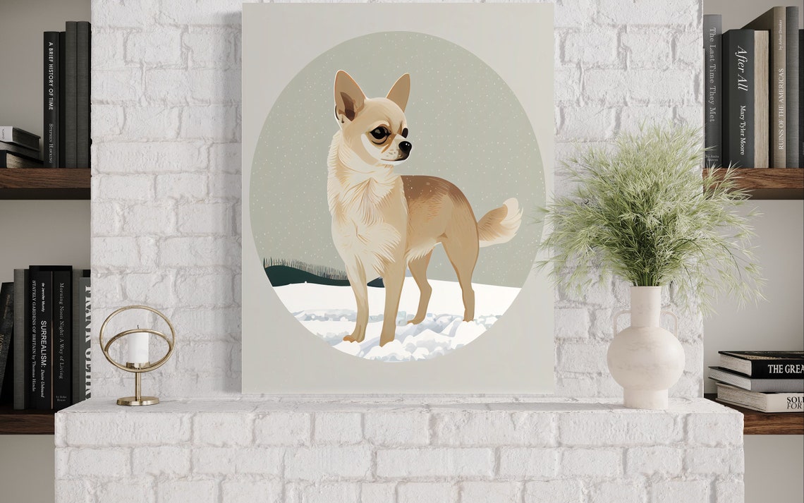 Tan Chihuahua Standing Alert in Falling Snow Circle Art Poster - Image 3