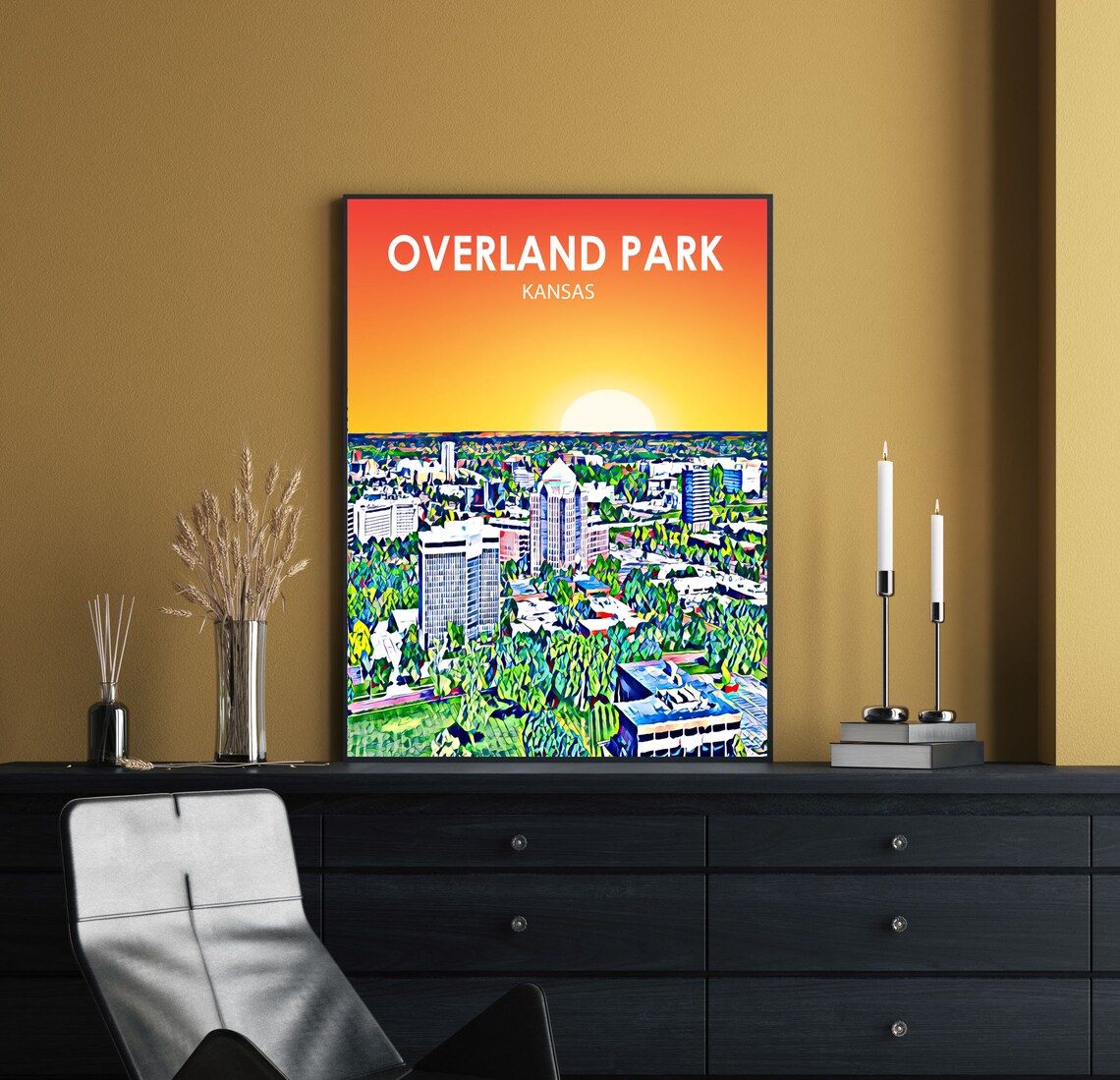 Overland Park Kansas Sunset City Skyline Downtown Sketch Poster - Image 2