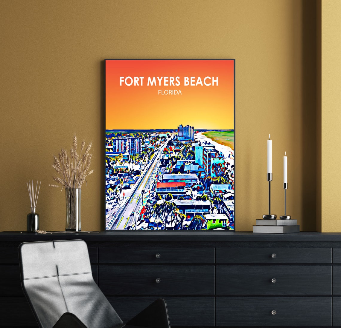 Fort Myers Beach Florida Art Poster Sunset Landscape Poster Print Fort Myers Beach City Wall Art Colorful Skyline Sketch Photo - Image 2