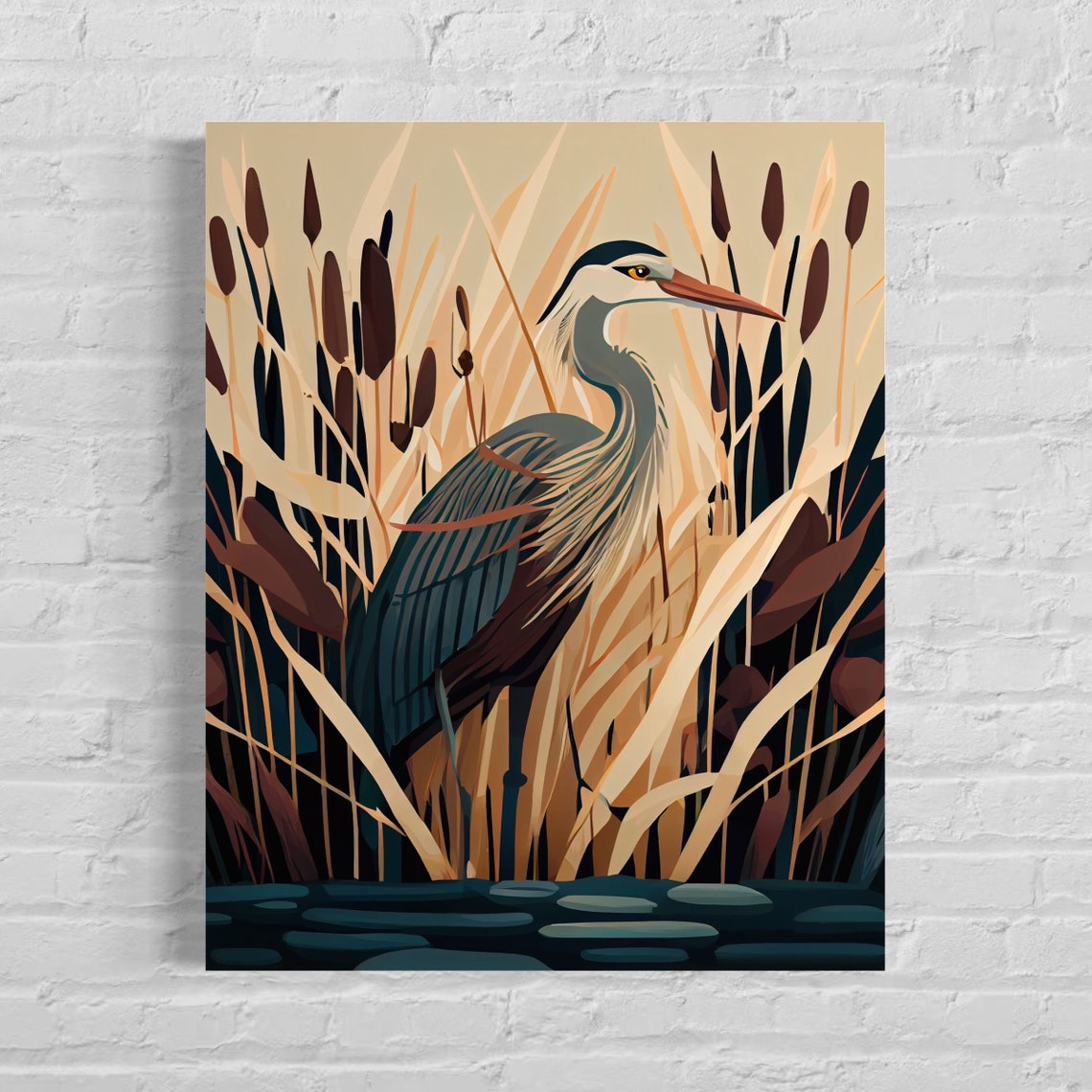 Great Blue Heron Among Cattails Wetland Art Nouveau Style Poster