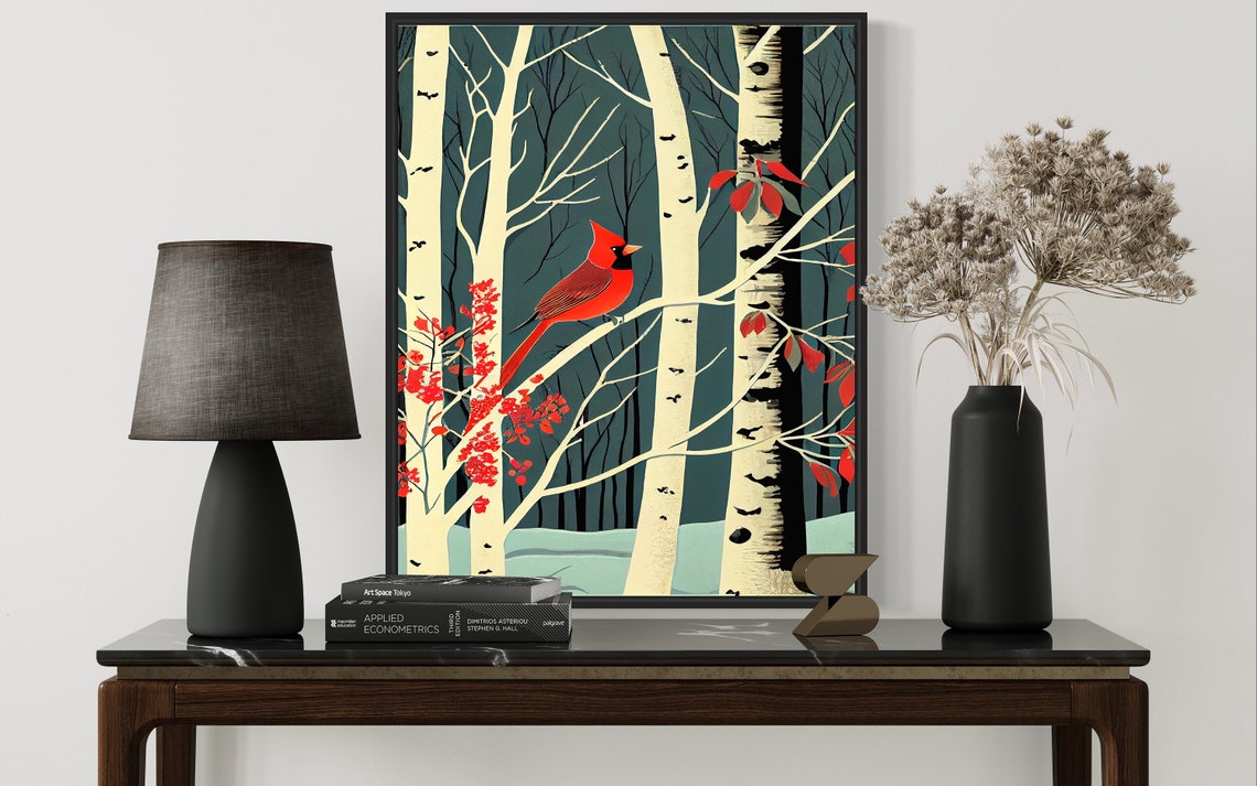 Red Cardinal On Birch Tree Winter Forest Minimal Bird Art Poster - Image 2