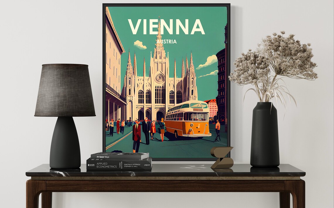 Vienna Austria Vintage Cathedral Lively City Square Bus Poster - Image 3
