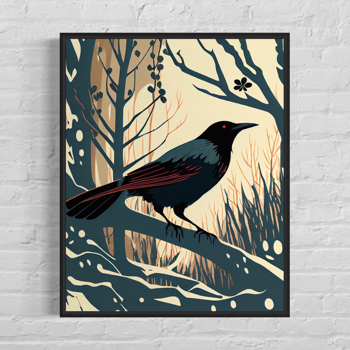 Black Crow Perched on Bare Winter Branch Vintage Bird Art Print