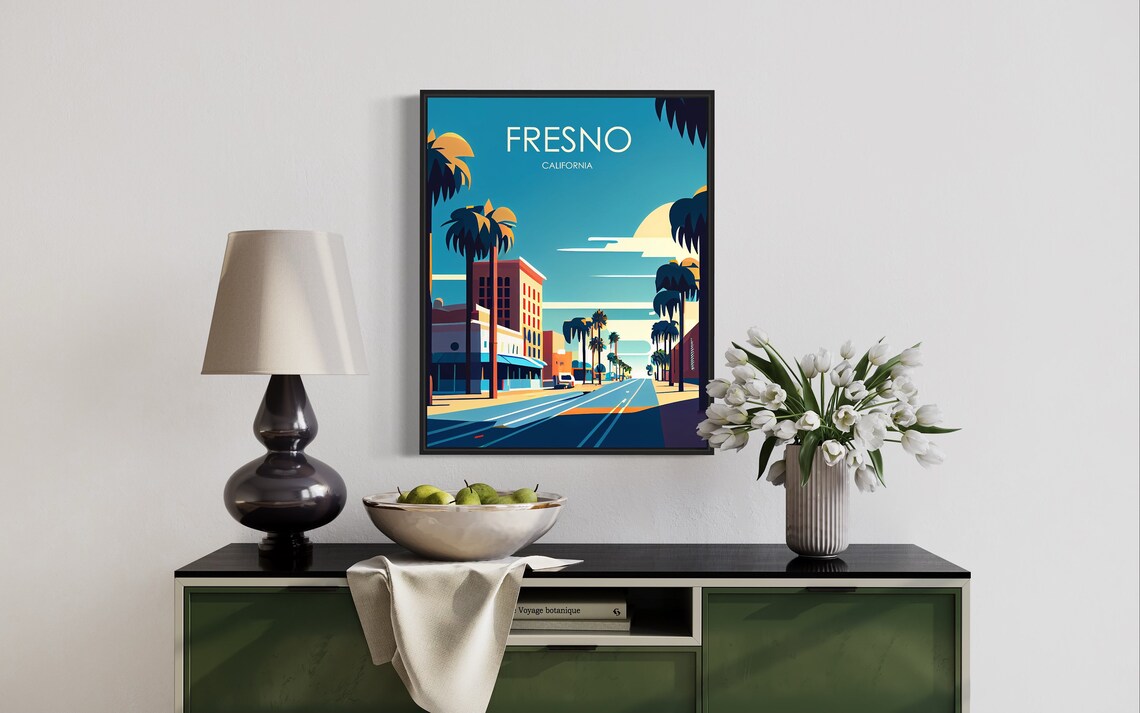 Fresno California Retro Palm Lined Downtown Vintage Travel Poster - Image 3