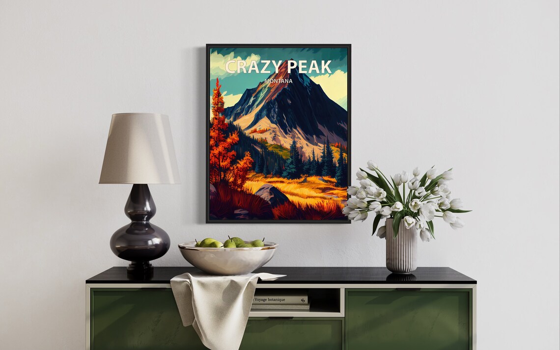 Crazy Peak Montana Retro Mountain Peak Autumn Wilderness Poster - Image 2