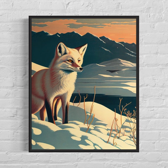 Alert Arctic Fox Standing in Snow Beneath a Peach Sunset Poster