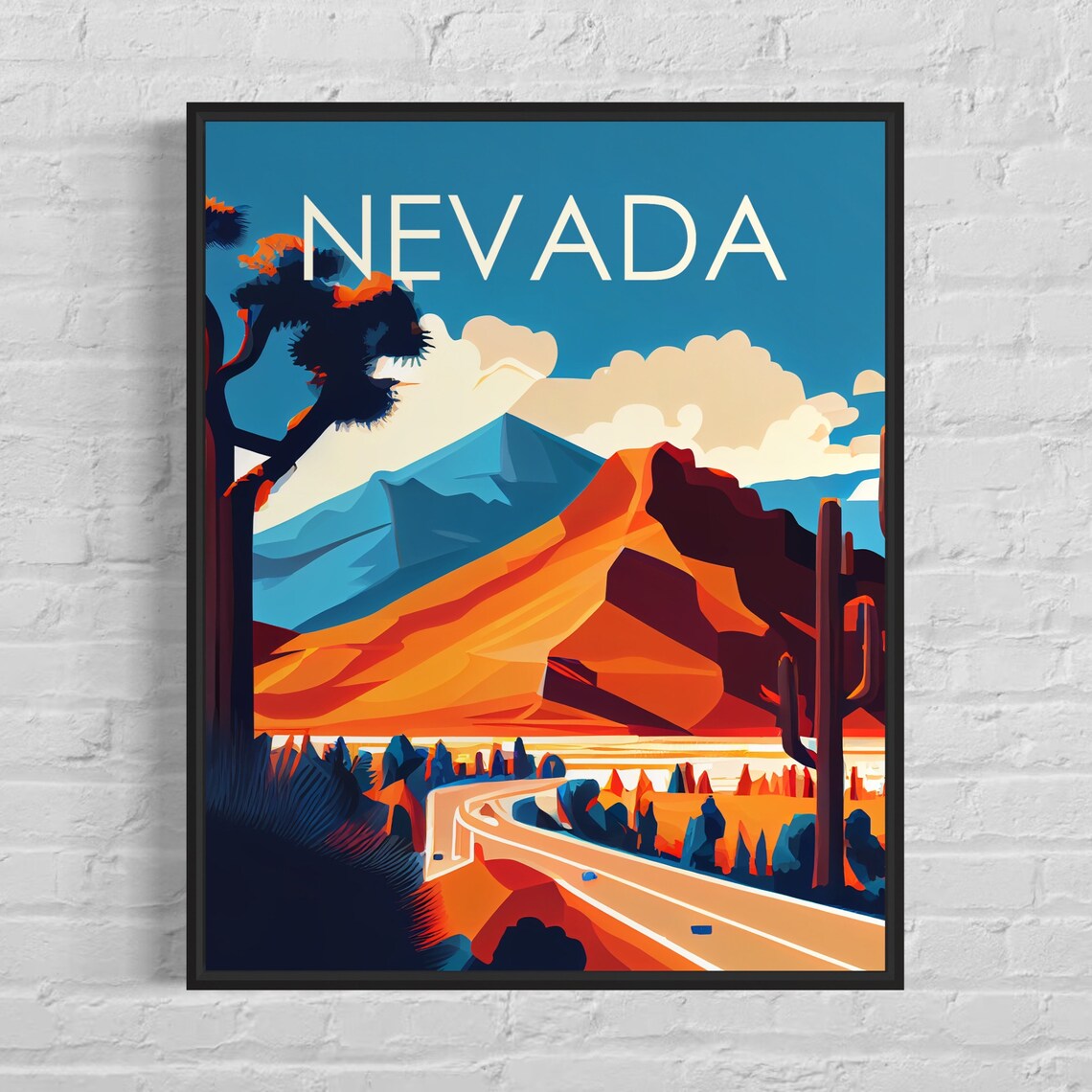 Nevada Desert Sunset Open Road Trip Retro Style Vintage Travel Poster