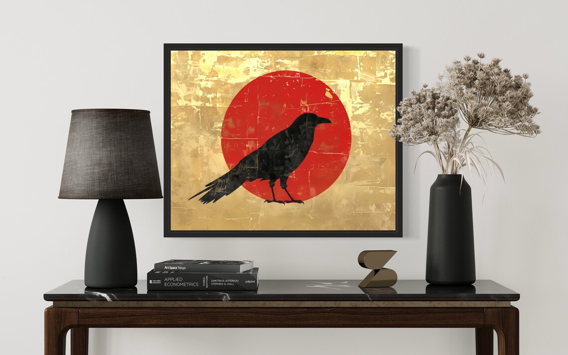 Black Crow Silhouette Perched Before Red Sun Asian Art Poster - Image 2