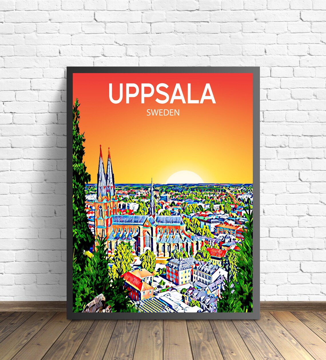 Uppsala Sweden Sunset Cathedral Twin Spires Colorful City View Poster