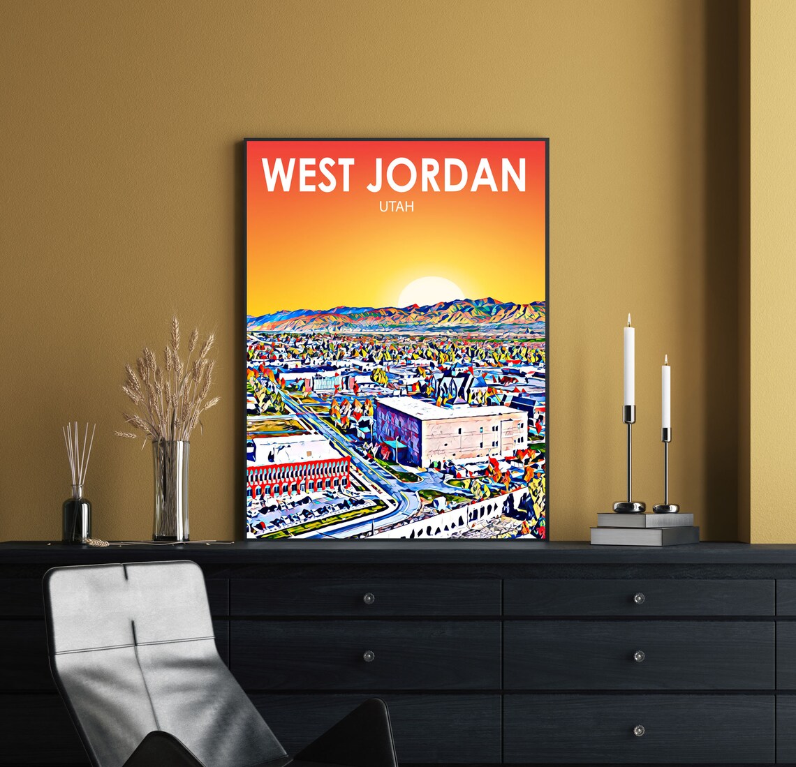 West Jordan Utah Sunset Skyline Mountain Backdrop Painted Art Poster - Image 2