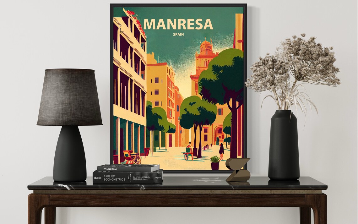 Manresa Spain Cathedral Tree Lined Vintage Street Travel Poster - Image 3