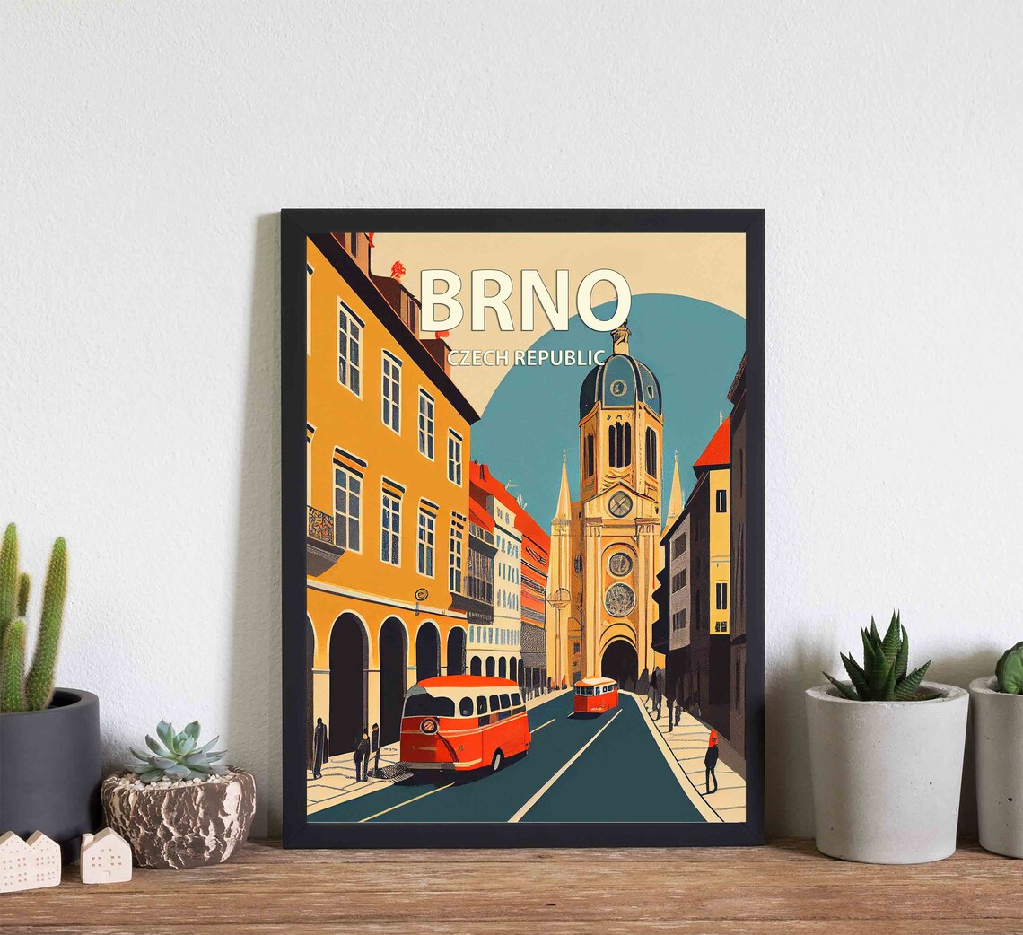 Brno Czech Republic Old Town Street Retro Tram Evening Travel Poster - Image 2