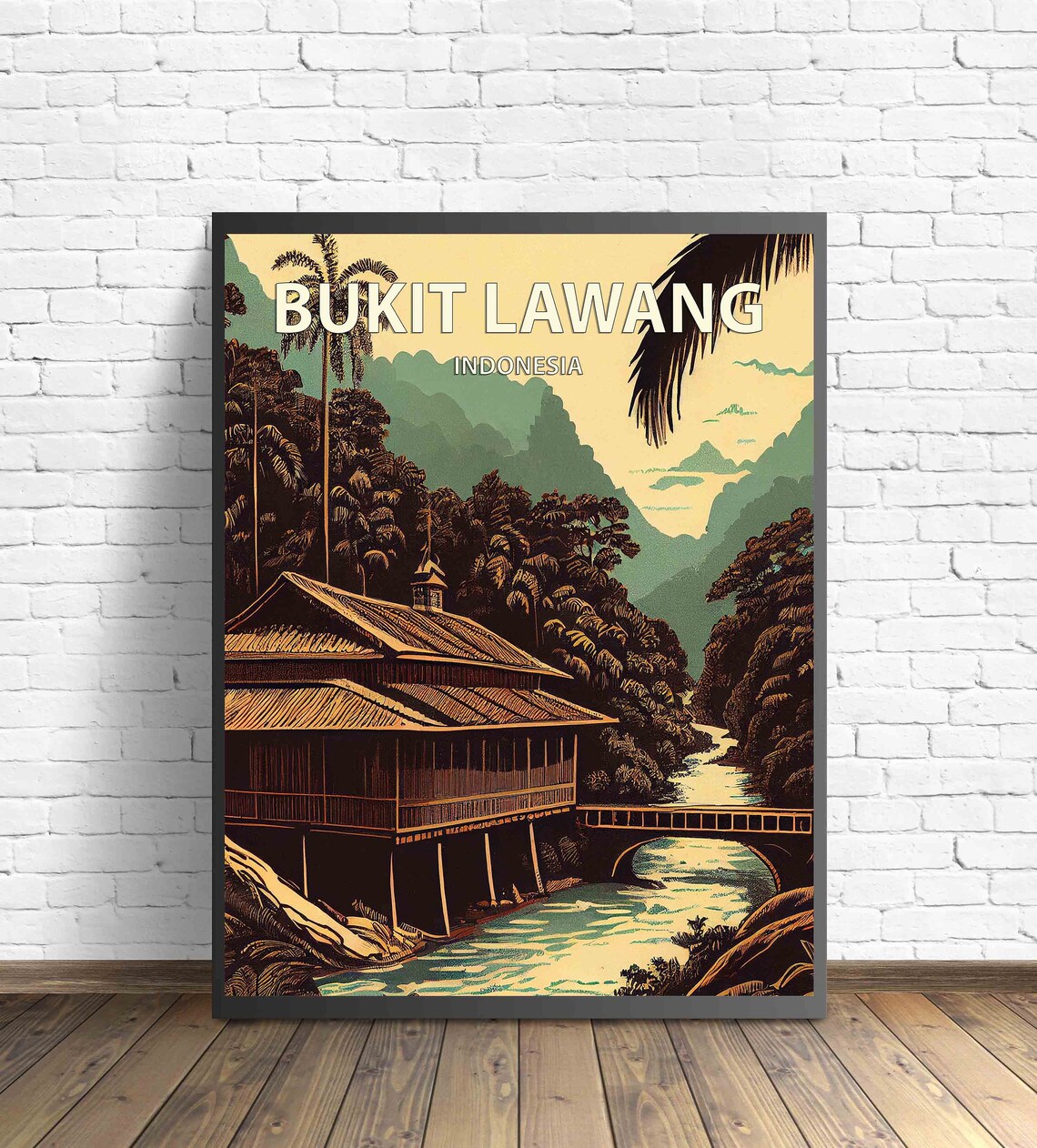 Bukit Lawang Indonesia Poster with Jungle River and Stilt House