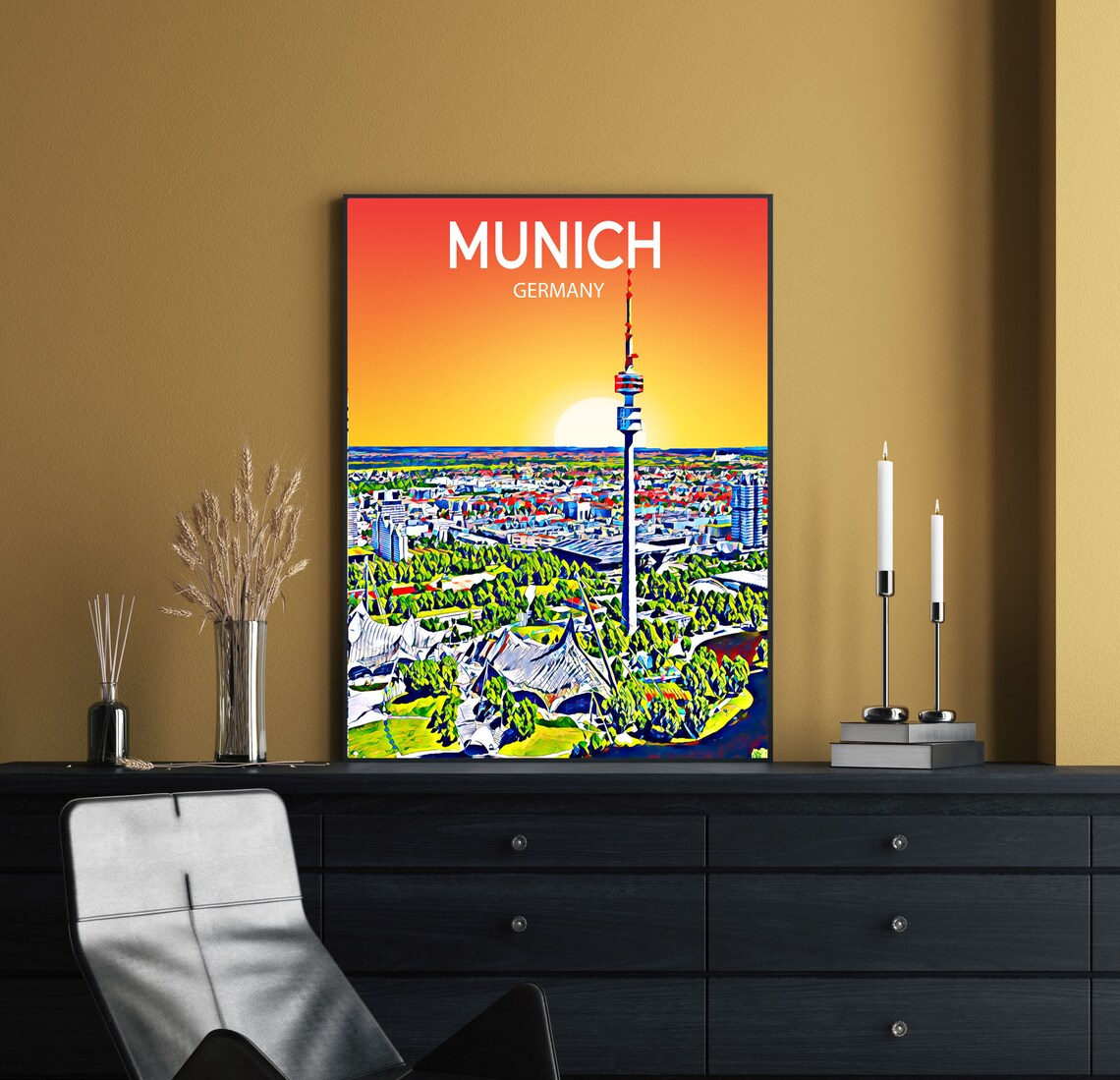 Munich Germany Olympiaturm Tower Park Sunset Skyline City Art Poster - Image 2