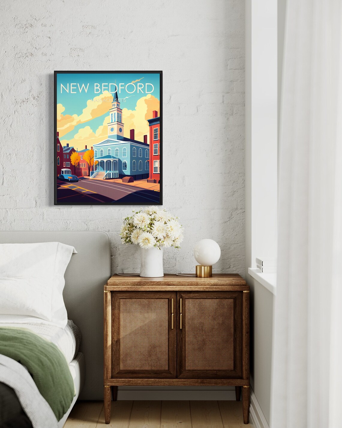 New Bedford Massachusetts Church Vintage Car Street Scene Poster - Image 3