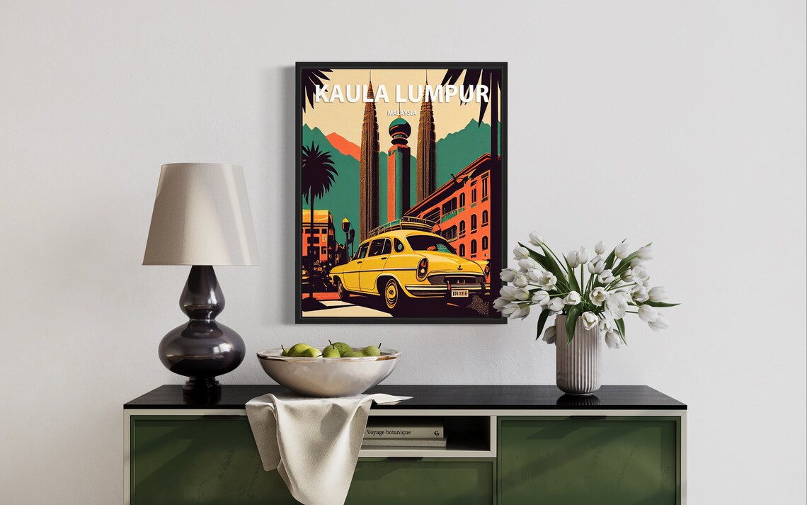 Kuala Lumpur Malaysia Petronas Towers Vintage Car Retro Travel Poster - Image 2