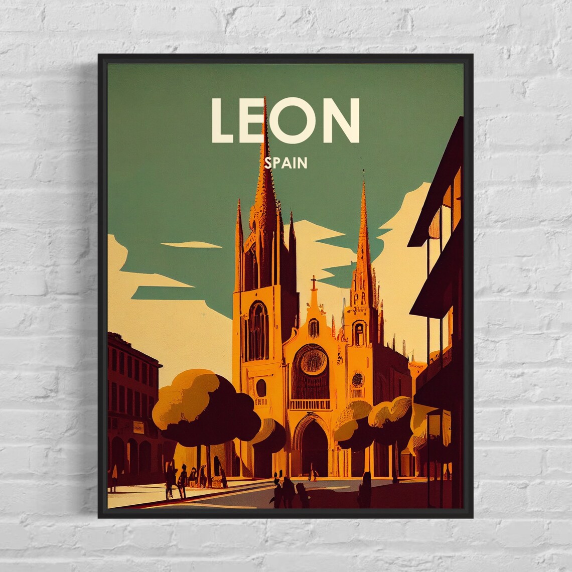 Leon Spain Twin-Spired Gothic Cathedral Dusk Vintage Travel Poster