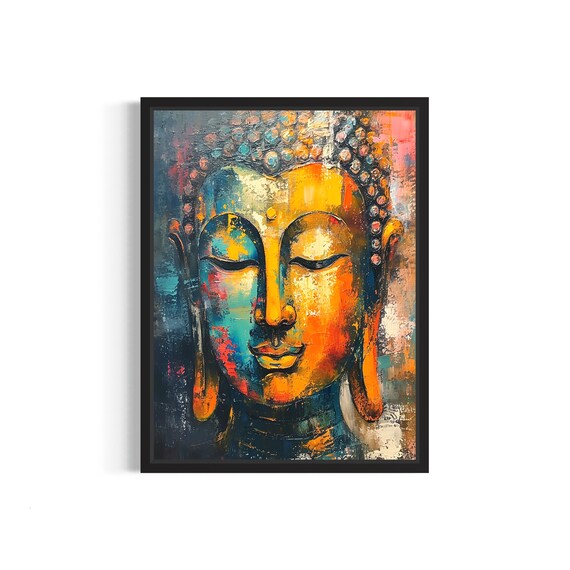 Serene Buddha Face in Fiery Abstract Impasto Oil Painting Print