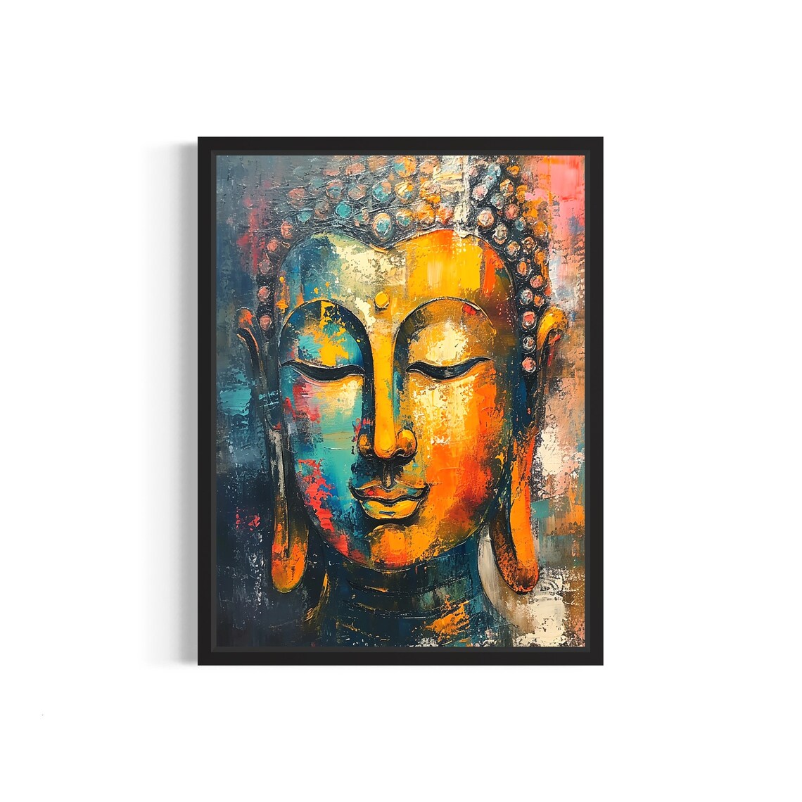 Serene Buddha Face in Fiery Abstract Impasto Oil Painting Print