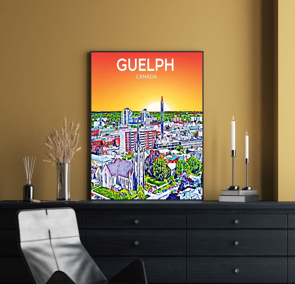 Guelph Canada Sunset Skyline Vibrant Mosaic Cityscape Art Poster - Image 2
