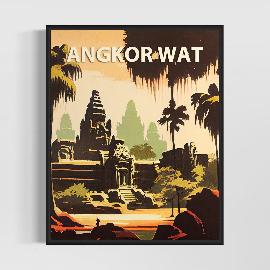 Angkor Wat Cambodia Sunset Temple Silhouette Vintage Travel Poster
