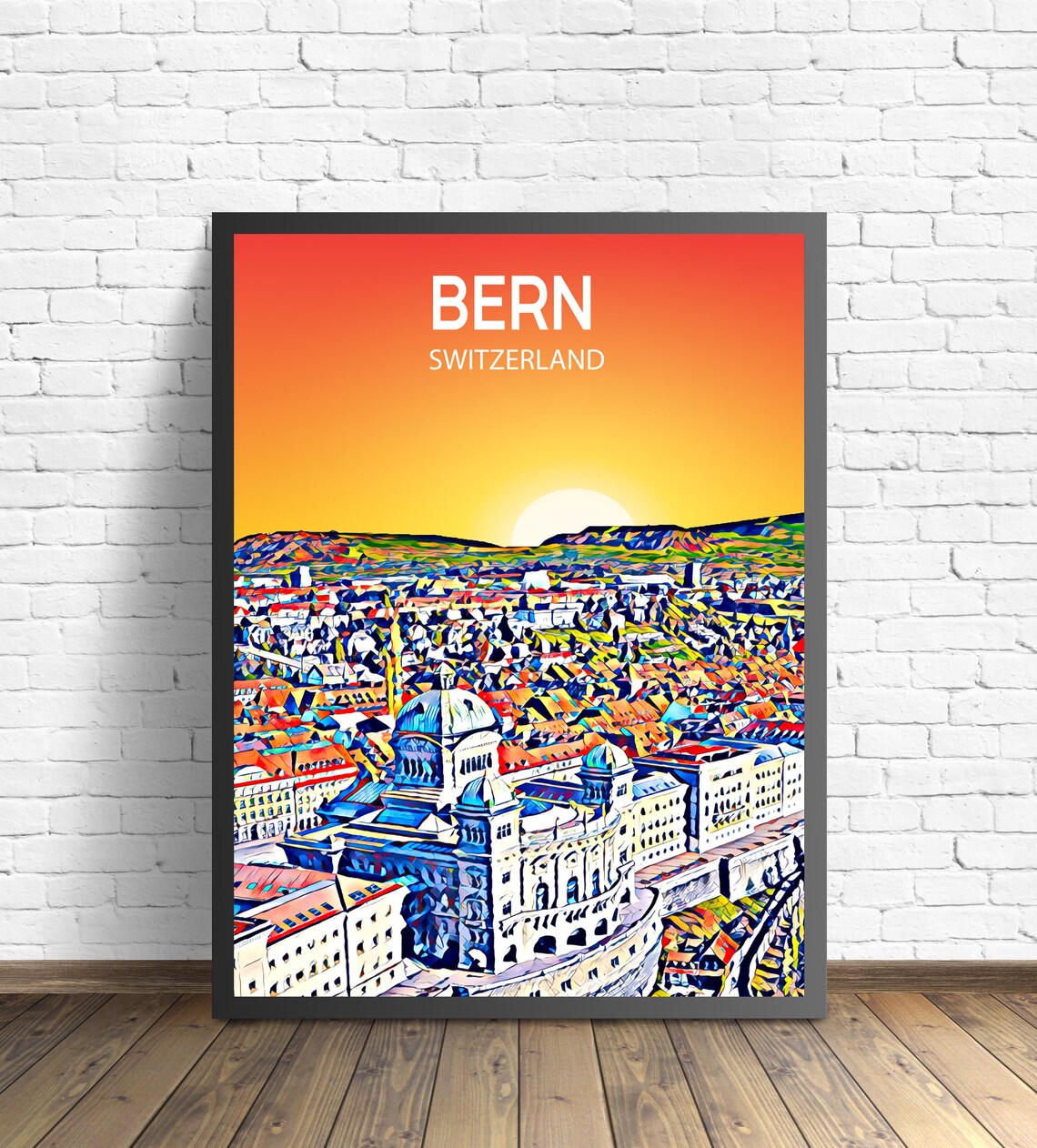 Bern Switzerland Sunset Skyline Federal Palace Dome Travel Poster