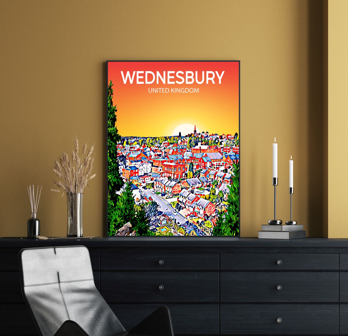 Wednesbury United Kingdom Sunset Town Panorama Church Spire Poster - Image 2