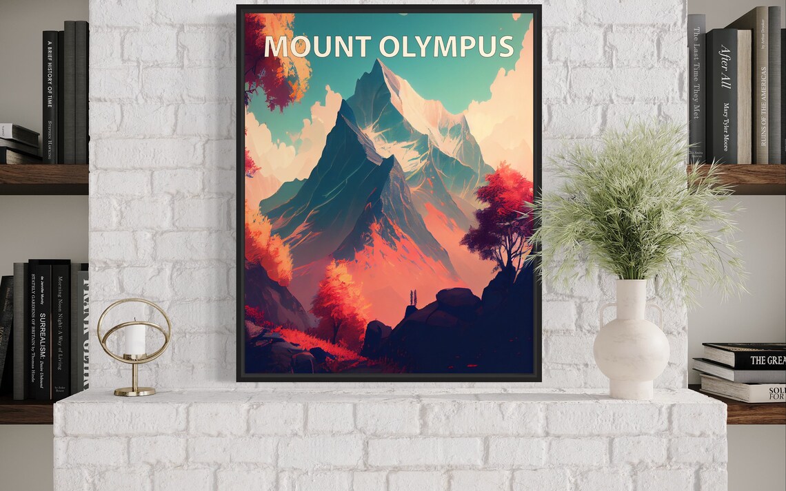 Mount Olympus Snowcapped Peak Autumn Foliage Painting Style Poster - Image 3
