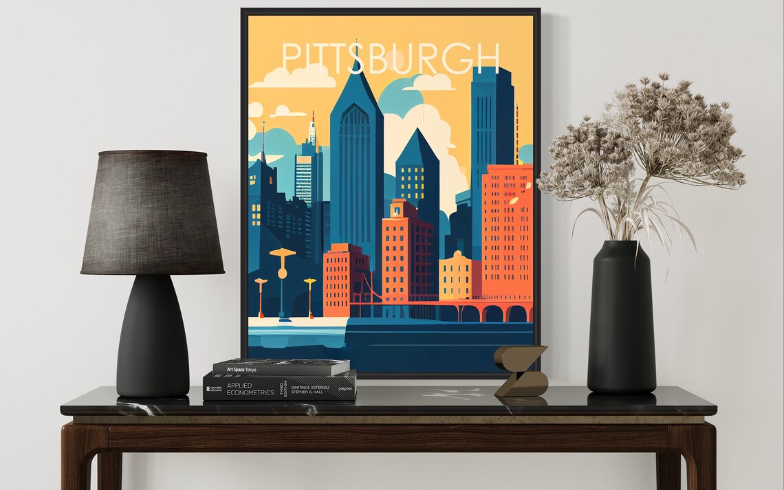 Pittsburgh Pennsylvania Golden Sunset Skyline Retro Travel Poster - Image 3