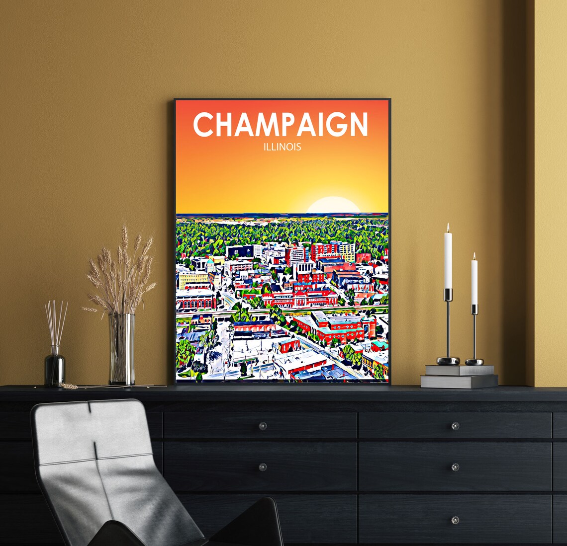 Champaign Illinois Sunset Skyline Downtown Colorful City Poster - Image 2