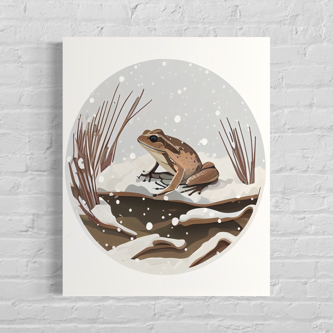 Wood Frog Retro Snowy Winter Circle Portrait Illustration Poster