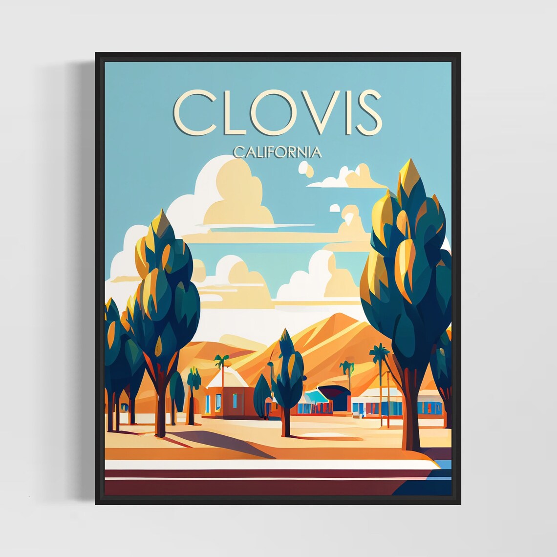 Clovis California Vintage Downtown Street Scene Travel Poster