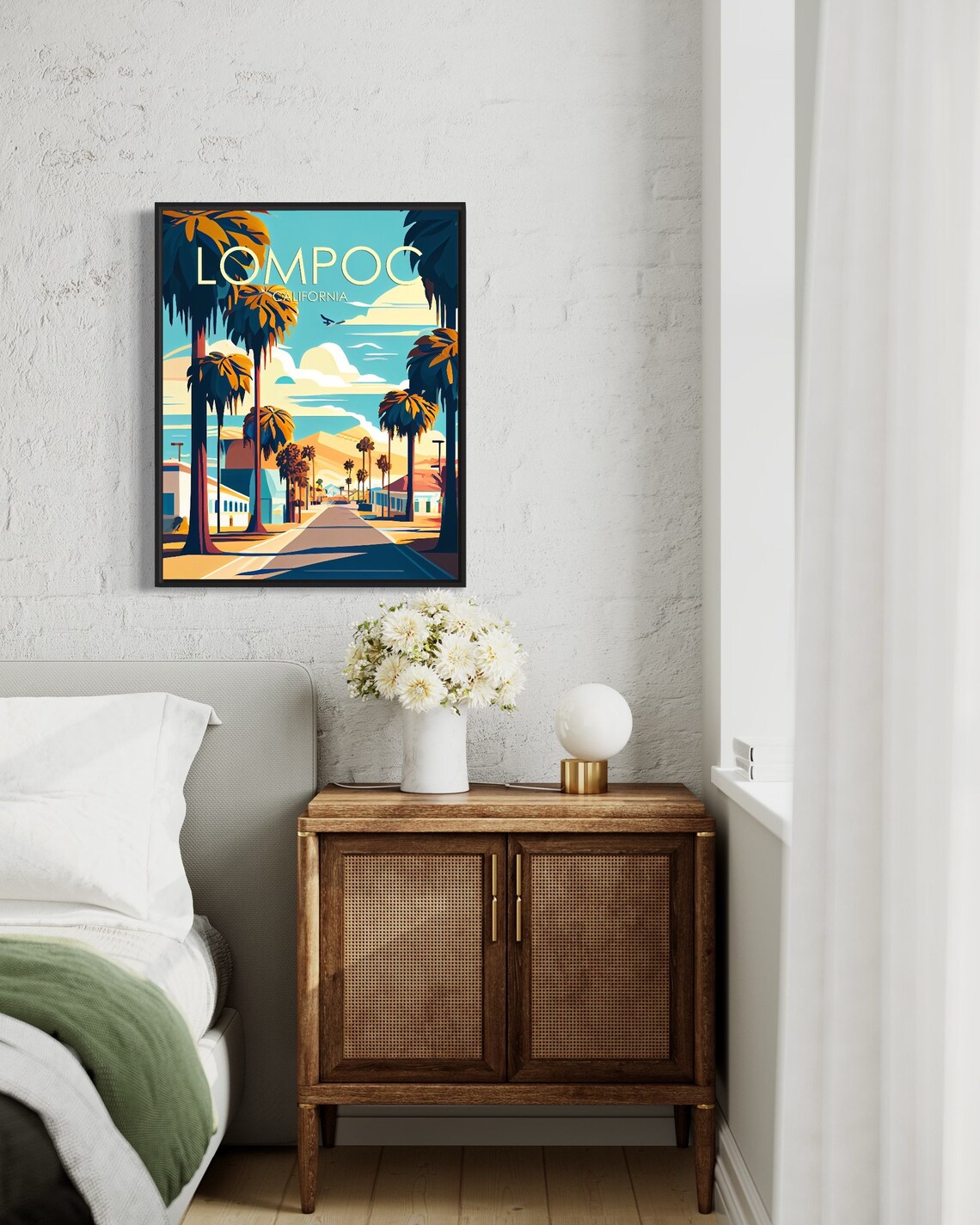 Lompoc California Palm Lined Street Golden Sunset Art Poster - Image 2
