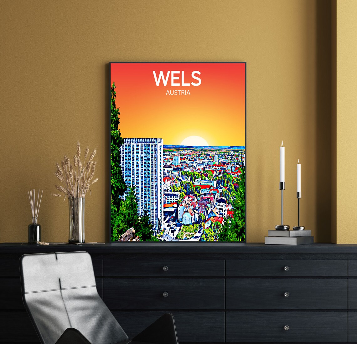 Wels Austria Sunset Skyline City Panorama Pop Art Travel Poster - Image 2
