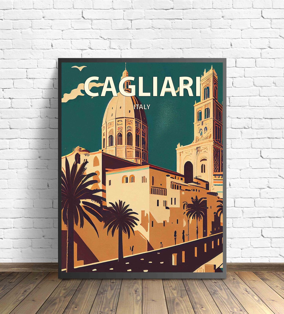 Cagliari Italy Cathedral Dome Palm Trees Retro Travel Art Poster - Image 3