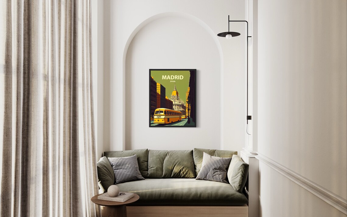 Madrid Spain Retro Bus Golden Dome City Street Evening Travel Poster - Image 2