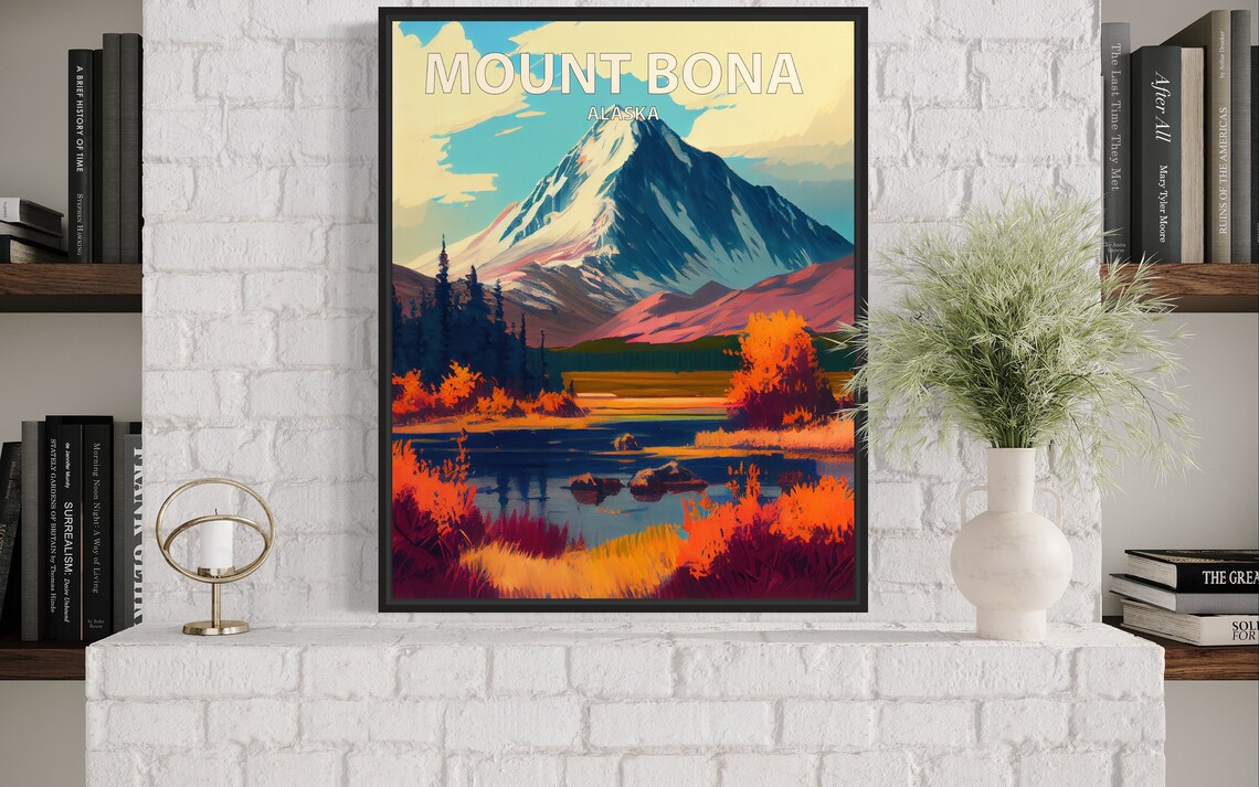 Mount Bona Alaska Snowy Summit River Valley Fall Retro Travel Poster - Image 2