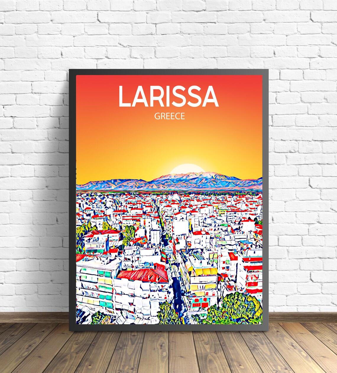 Larissa Greece Sunset Skyline Mountain View Travel Poster Art