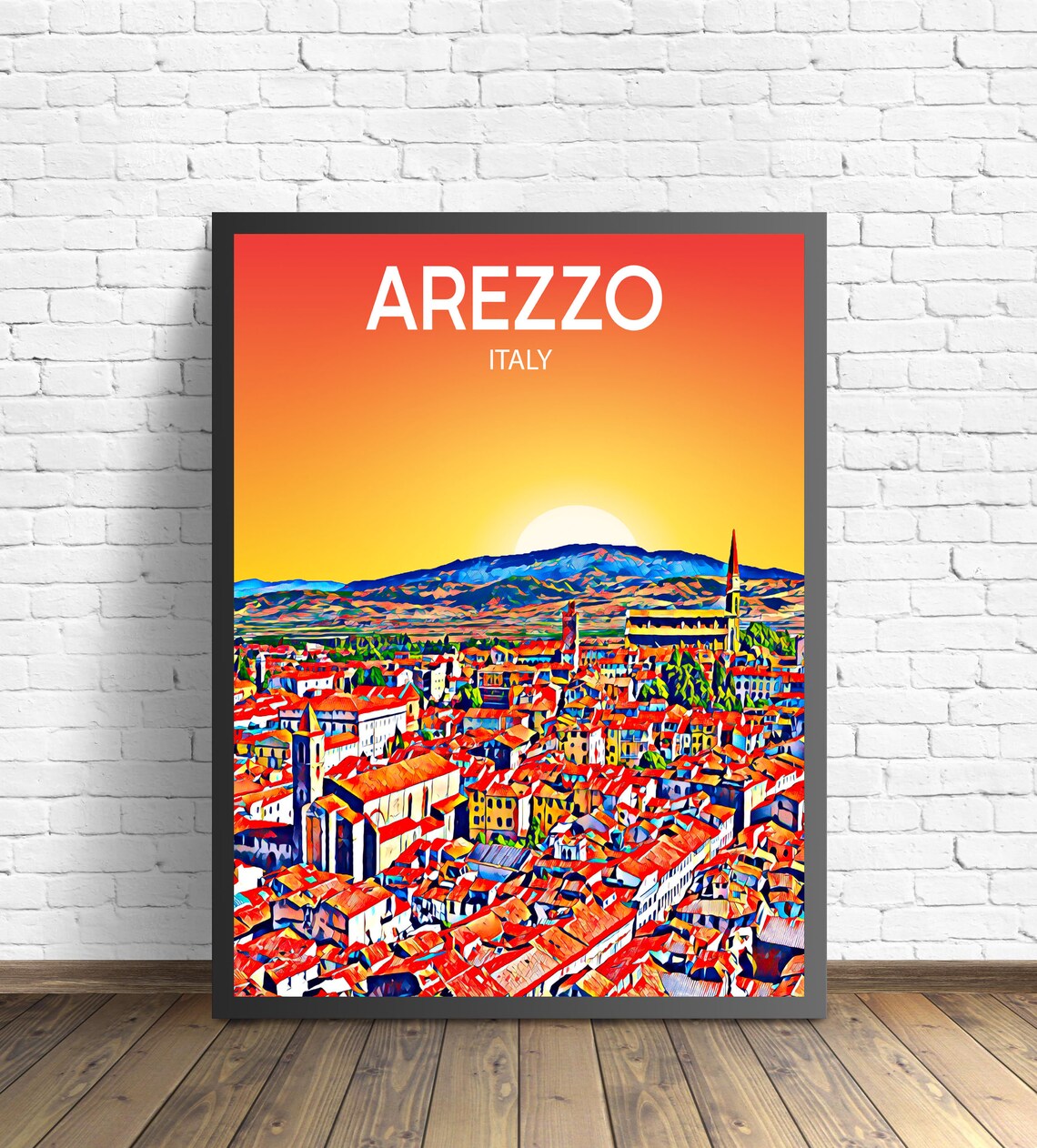 Arezzo Italy Sunset Rooftop Panorama Colorful Skyline Art Poster