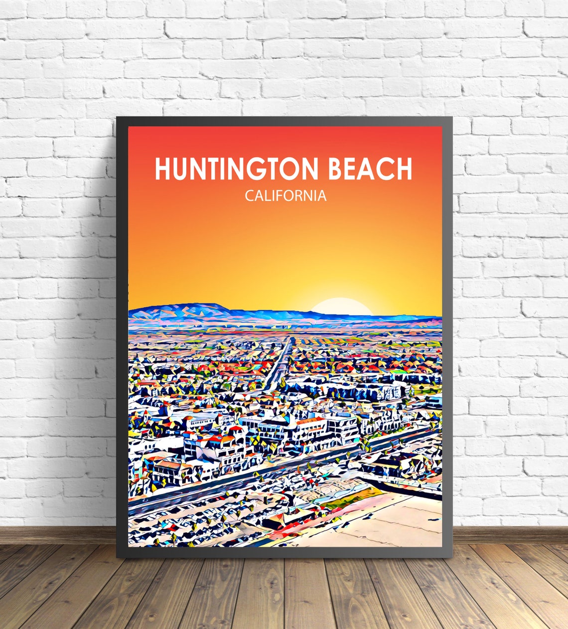 Huntington Beach California Art Poster Sunset Landscape Poster Print Huntington Beach Wall Art United States Colorful Skyline Sketch Photo