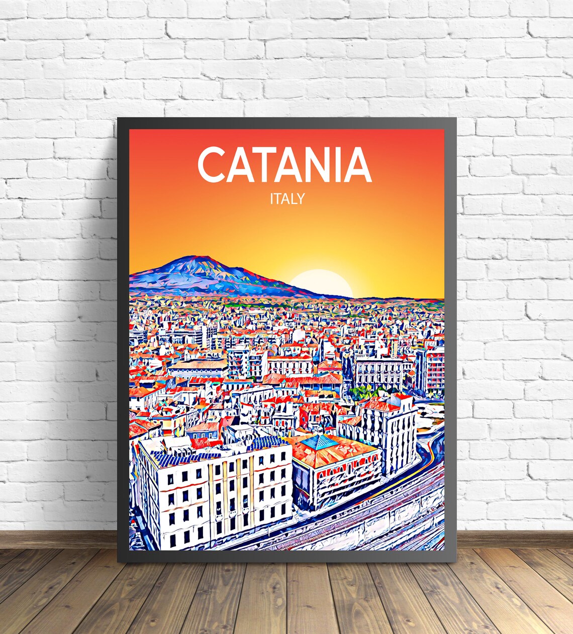 Catania Italy Mount Etna Sunset Cityscape Colorful Travel Poster