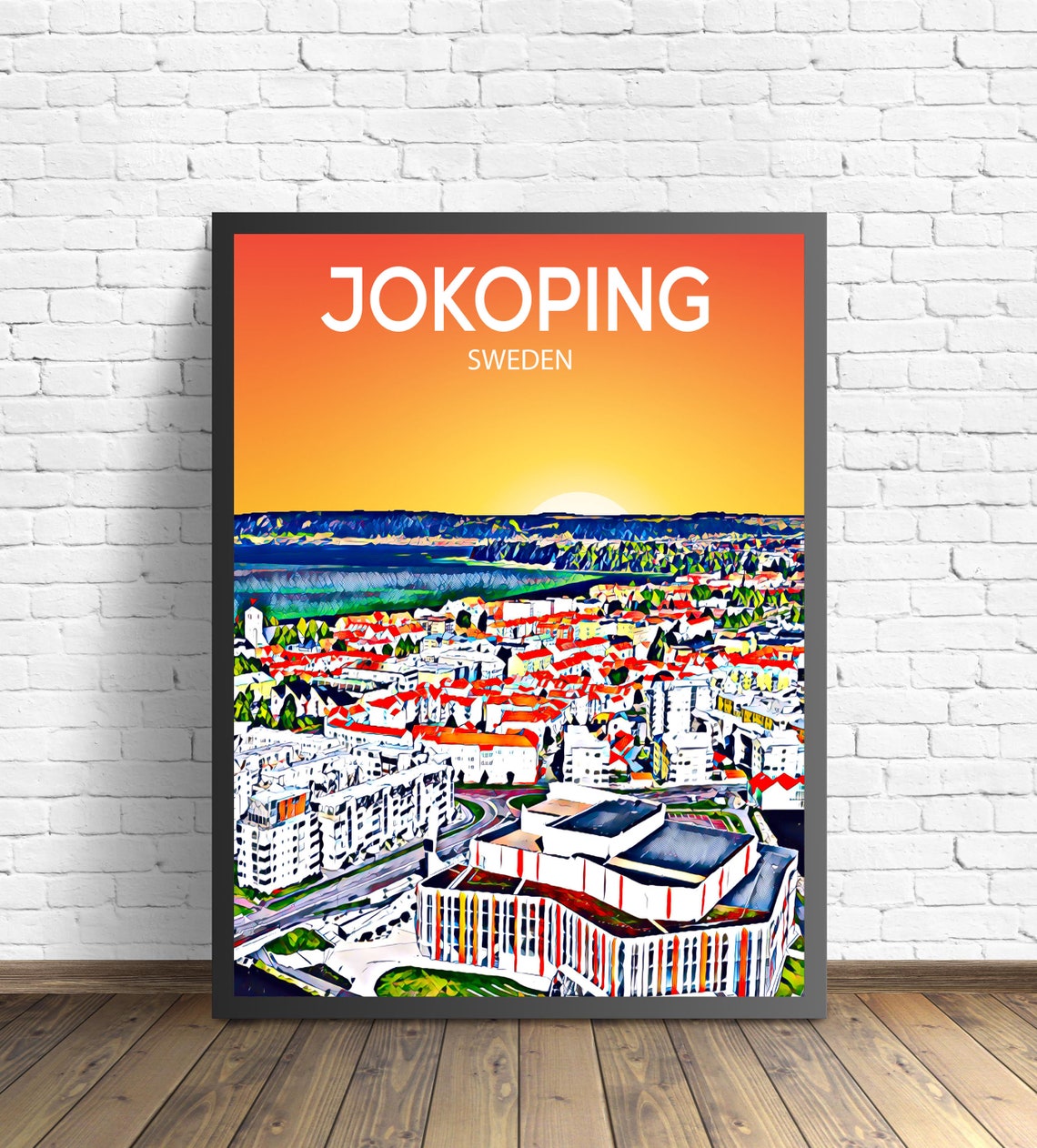 Jokoping Sweden Sunset Skyline Red Rooftops Lake View Art Poster