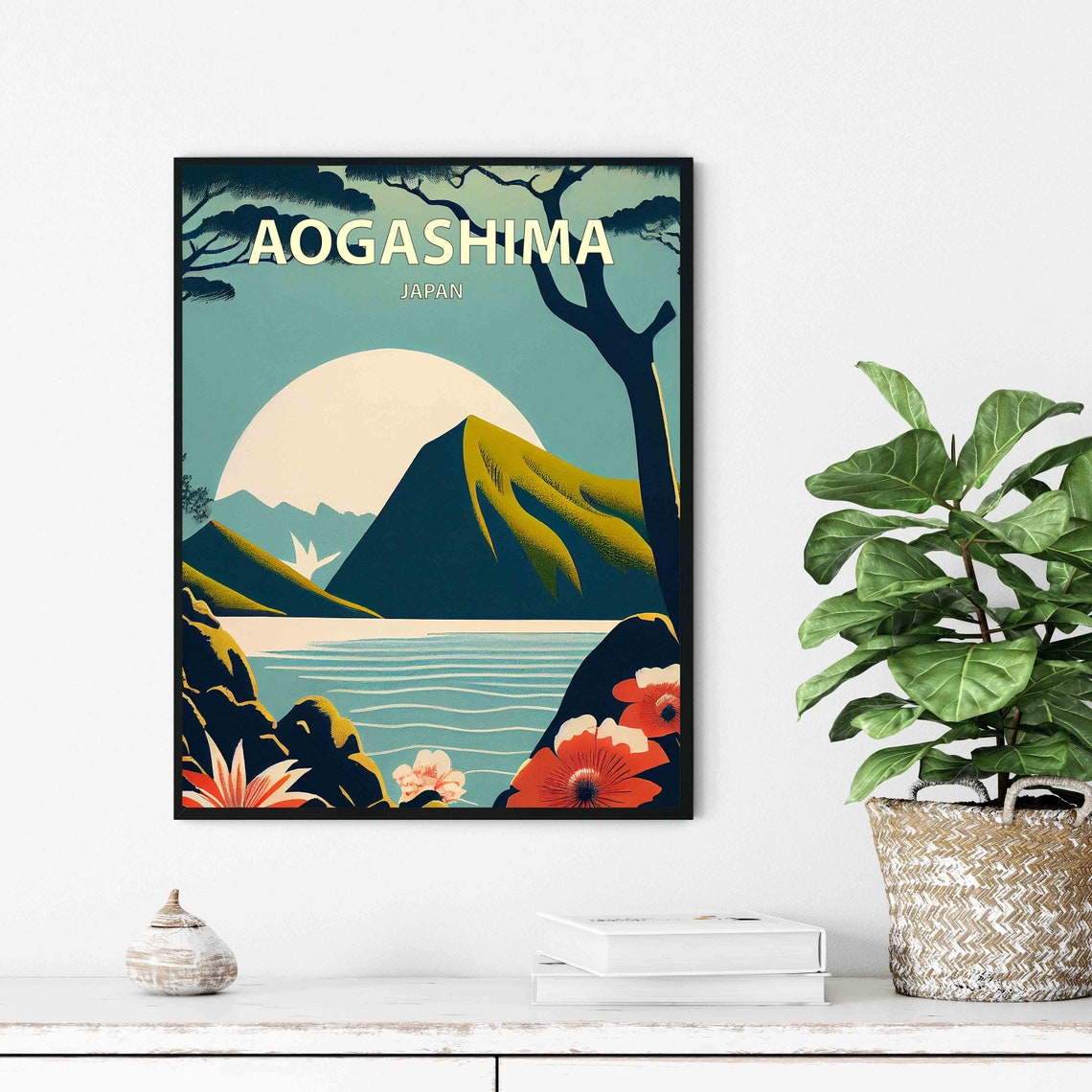 Aogashima Japan Volcanic Island Moonlit Sunset Retro Travel Poster - Image 3