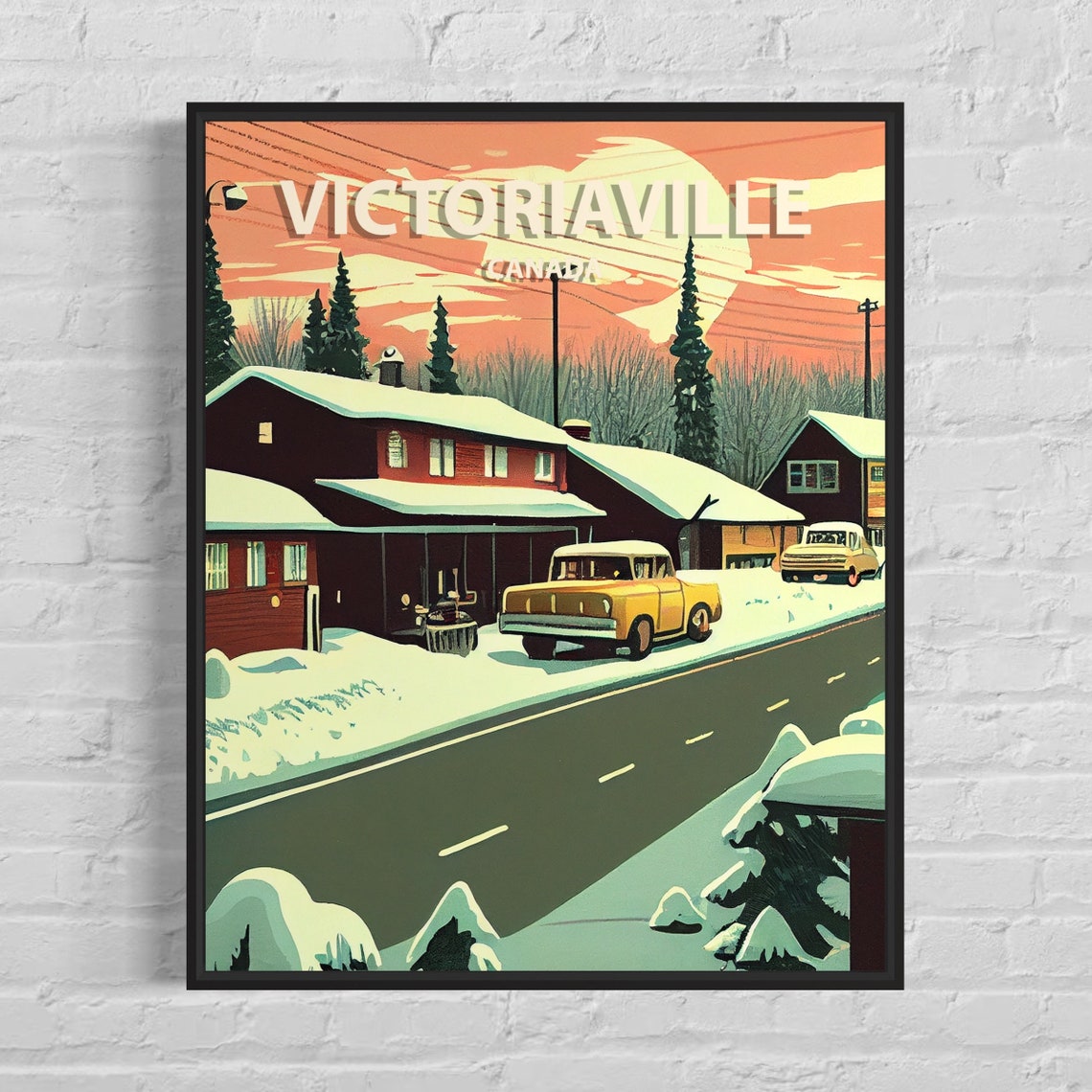 Victoriaville Canada Snowy Roadside Retro Winter Travel Poster