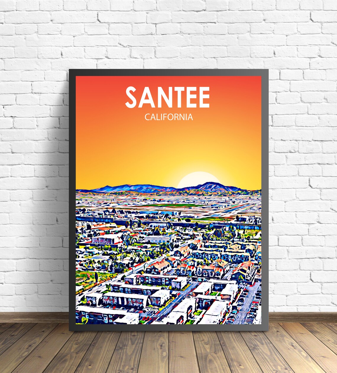 Santee California Sunset Aerial City View Colorful Skyline Art Poster