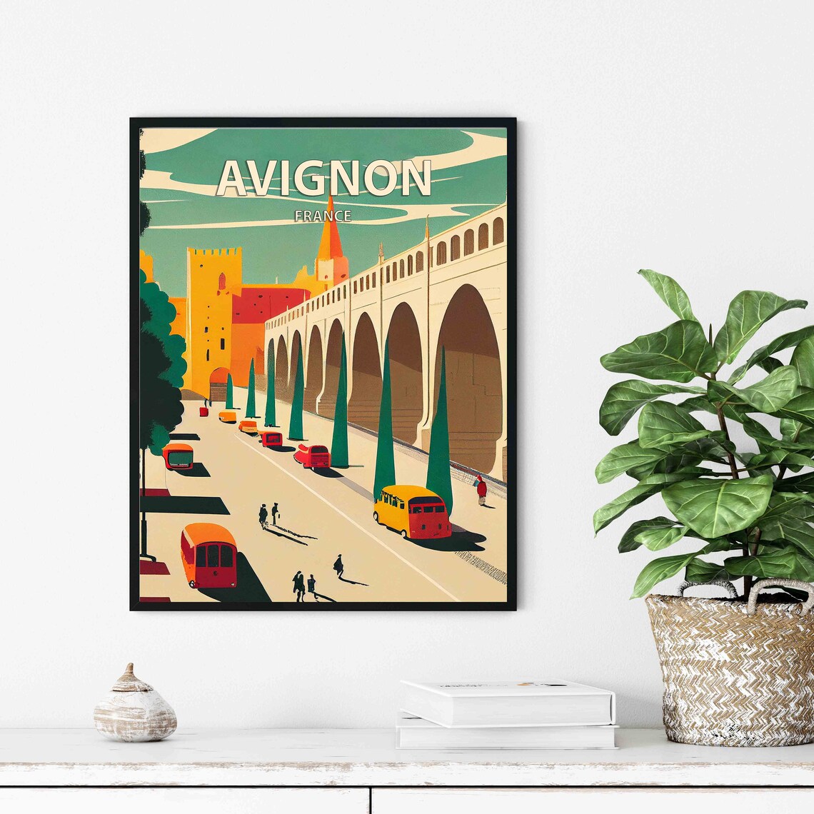 Avignon France Retro Cityscape Vintage Red Bus Street Scene Poster - Image 3