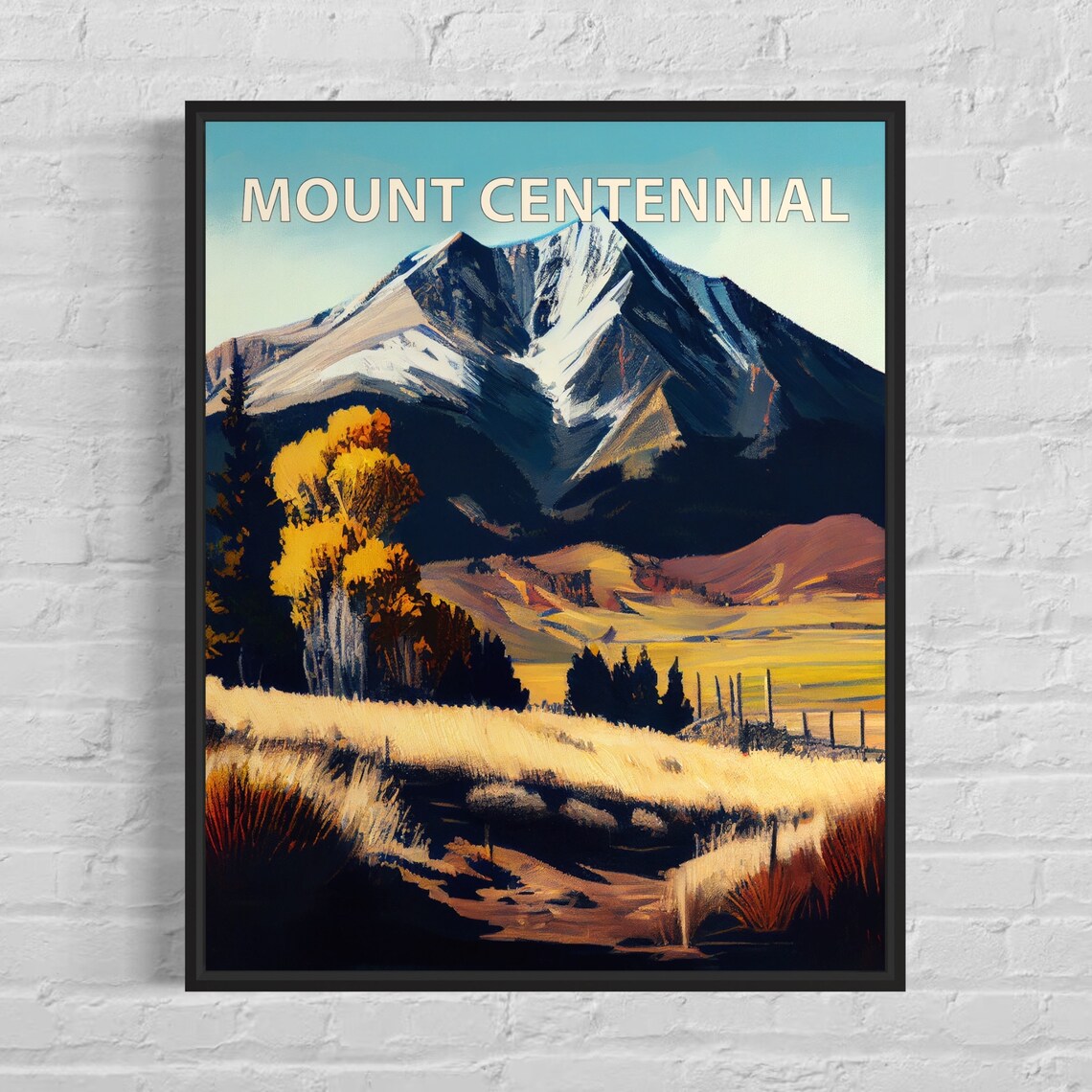 Mount Centennial Twin Snowy Peaks Golden Field Retro Travel Poster