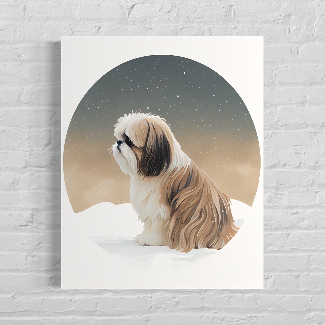 Shih Tzu Dog Snowy Night Circular Minimalist Breed Portrait Wall Art